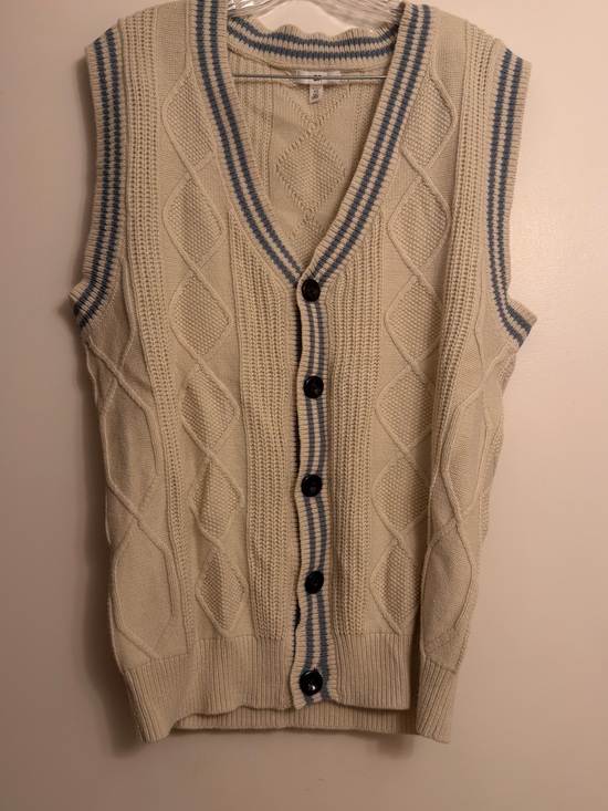 bp Sweaters - Women’s Cable Knit Button Vest - Cream with Blue Trim